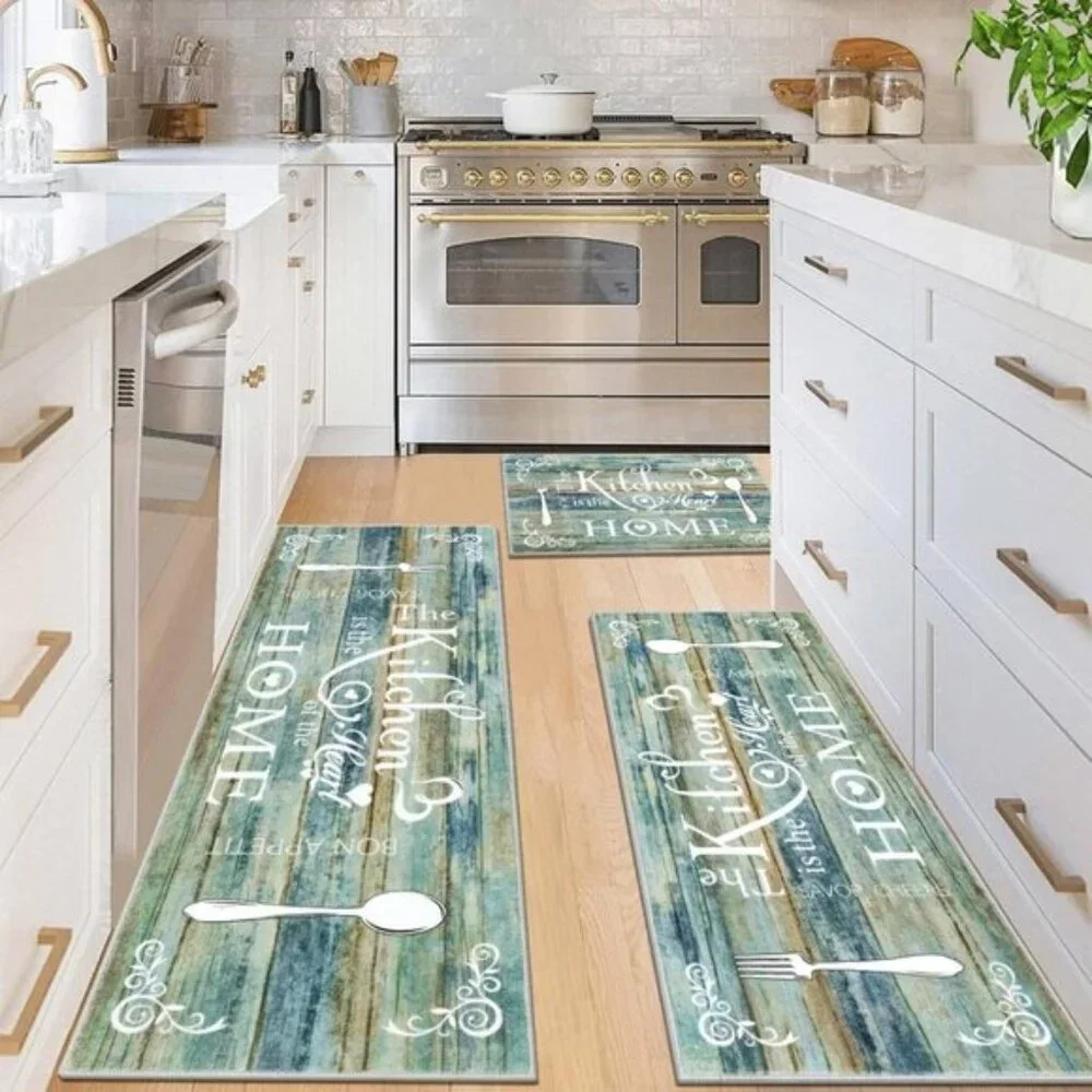 New 3-Piece Boho Kitchen Rug Set, Washable, Non-Slip Mats for Floor, Teal/Brown